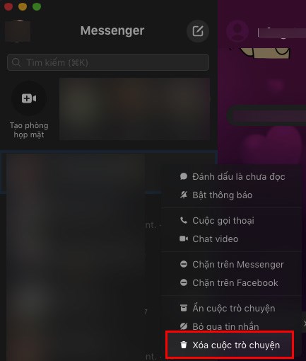 Mở Messenger PC, chọn cuộc trò chuyện > Nhấn chuột phải vào cuộc gọi mà bạn muốn xóa