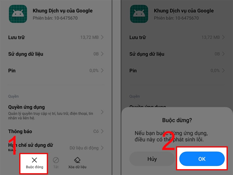 Buộc đóng Khung dịch vụ của Google