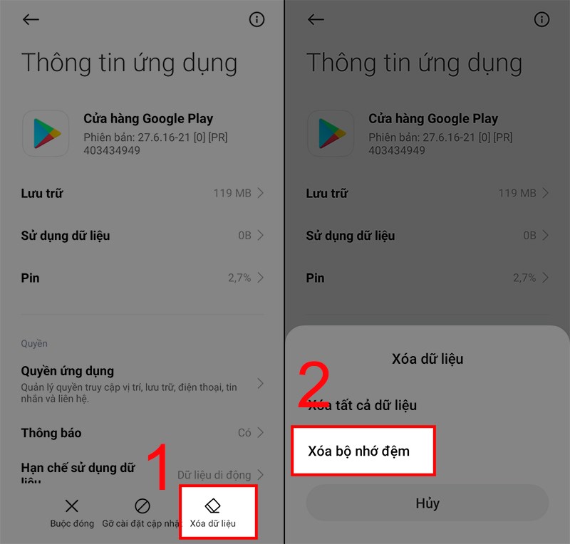 Chọn Xóa bộ nhớ đệm Google Play