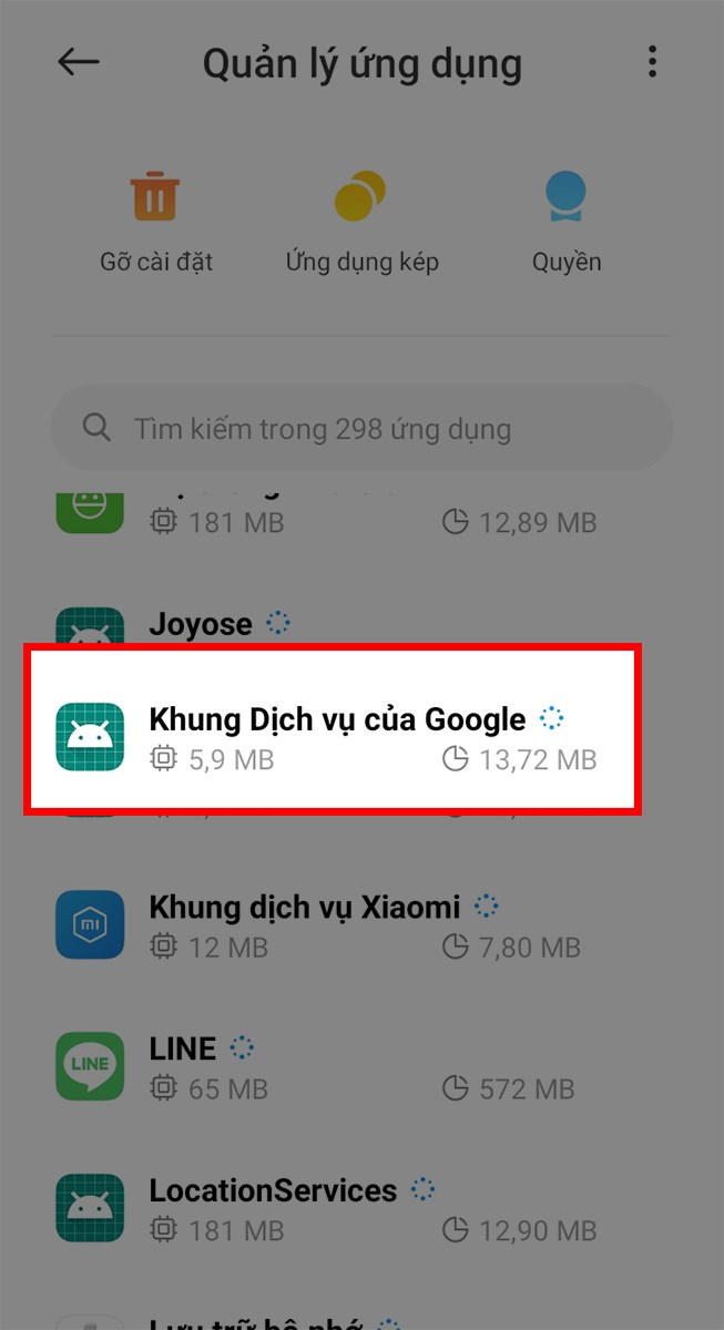 Tìm chọn Khung dịch vụ của Google