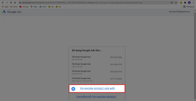Nhấn chọn tạo tài khoản Google Ads mới