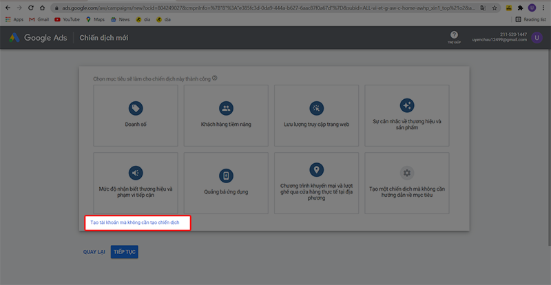 Nhấp vào tạo tài khoản mà không cần tạo chiến dịch để tiếp tục