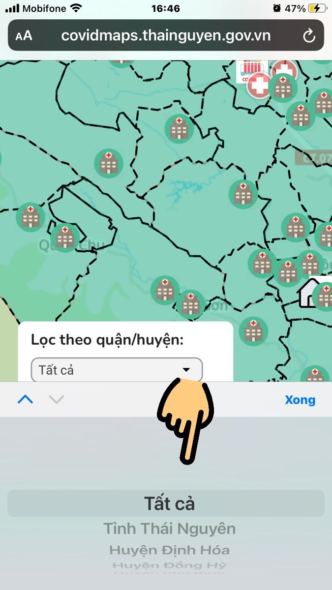Nhấn v&agrave;o mục Lọc theo quận/huyện, chọn huyện muốn xem bản đồ