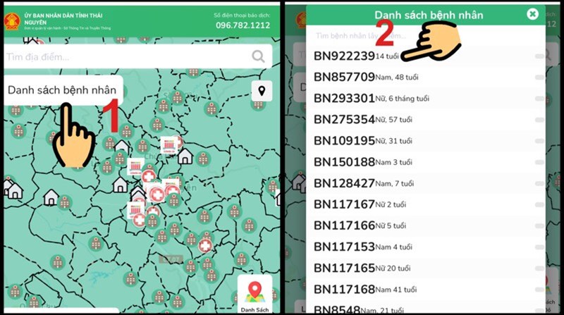 Nhấn v&agrave;o mục Danh s&aacute;ch bệnh nh&acirc;n, chọn m&atilde; số bệnh nh&acirc;n Covid-19.