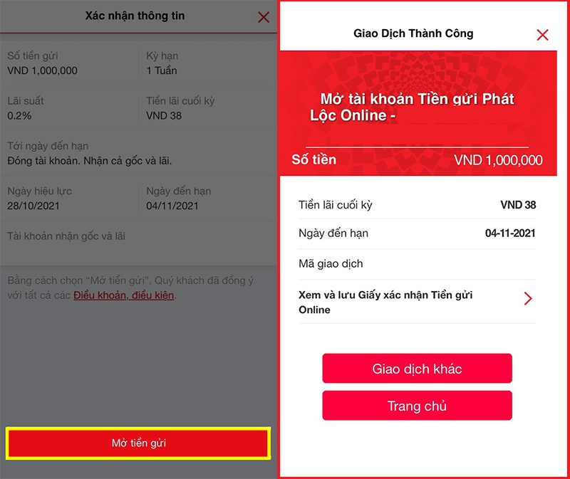 Nhấn Mở tiền gửi và nhận thông báo từ Techcombank