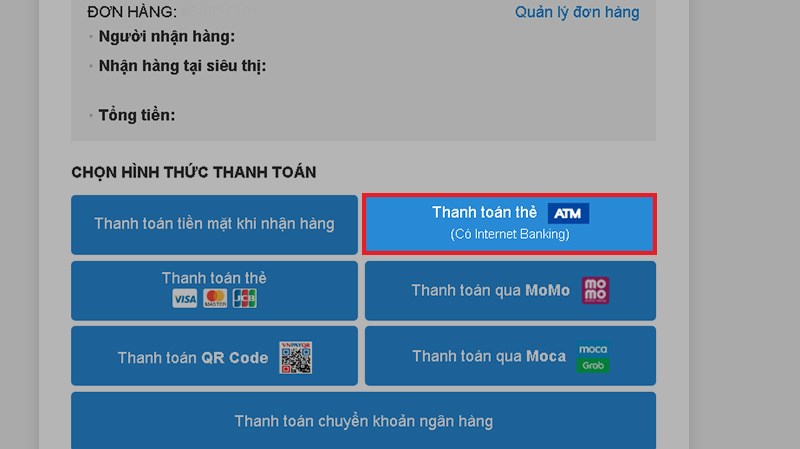Chọn Thanh toán thẻ ATM (Có Internet Banking)