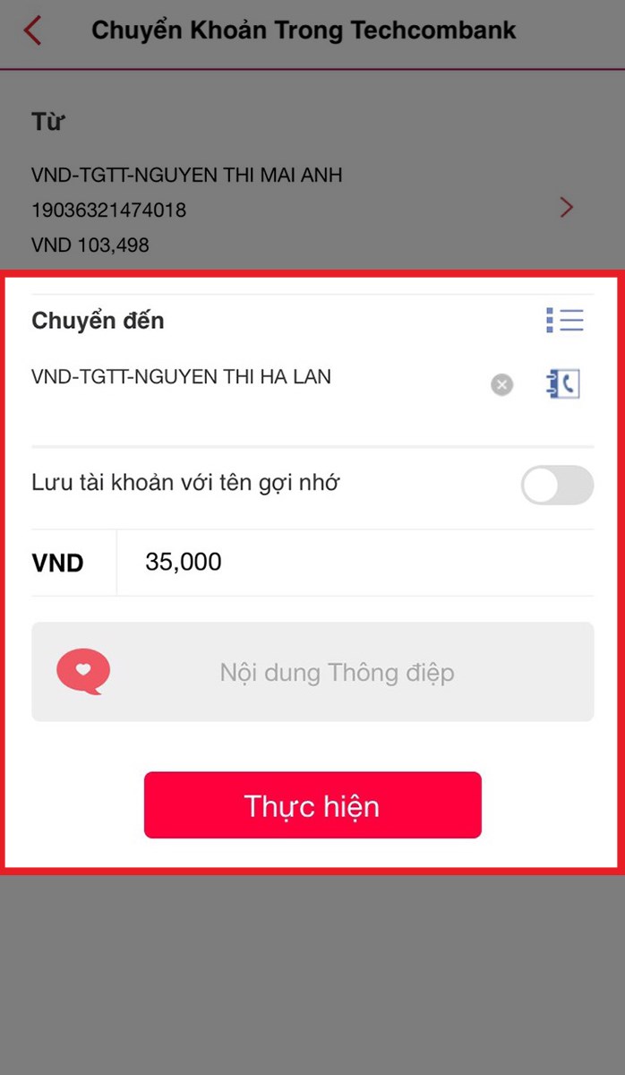 Nhập thông tin người nhận và nhấn Thực hiện