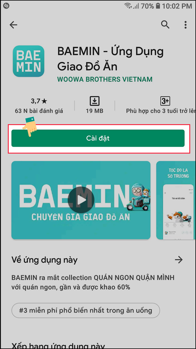 Nhấn Cài đặt để tải App Baemin