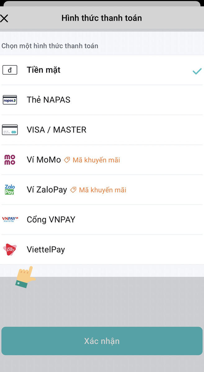 Lựa chọn hình thức thanh toán khi đặt đồ ăn trên BAEMIN