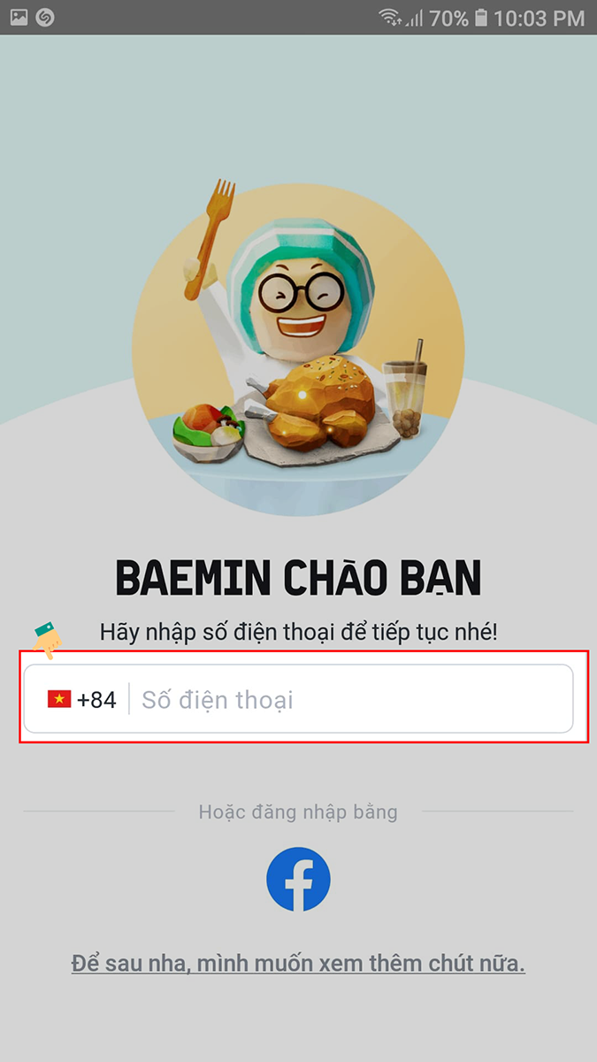 Nhập số điện thoại để tạo tài khoản trên BAEMIN