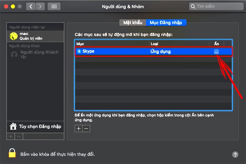 Tick chọn Ẩn tại Skype