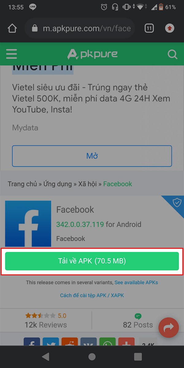 Truy cập link tải Facebook APK tại đ&acirc;y, chọn Tải về APK