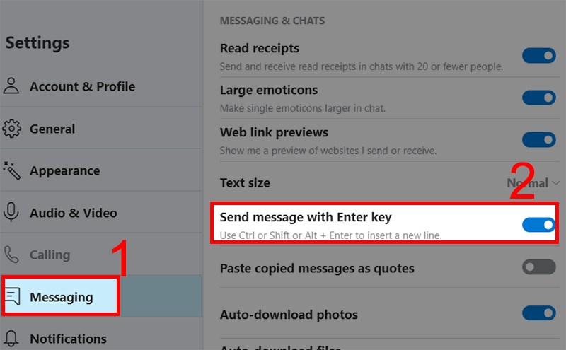 Gạt n&uacute;t tr&ograve;n tại mục Send message with Enter key sang phải