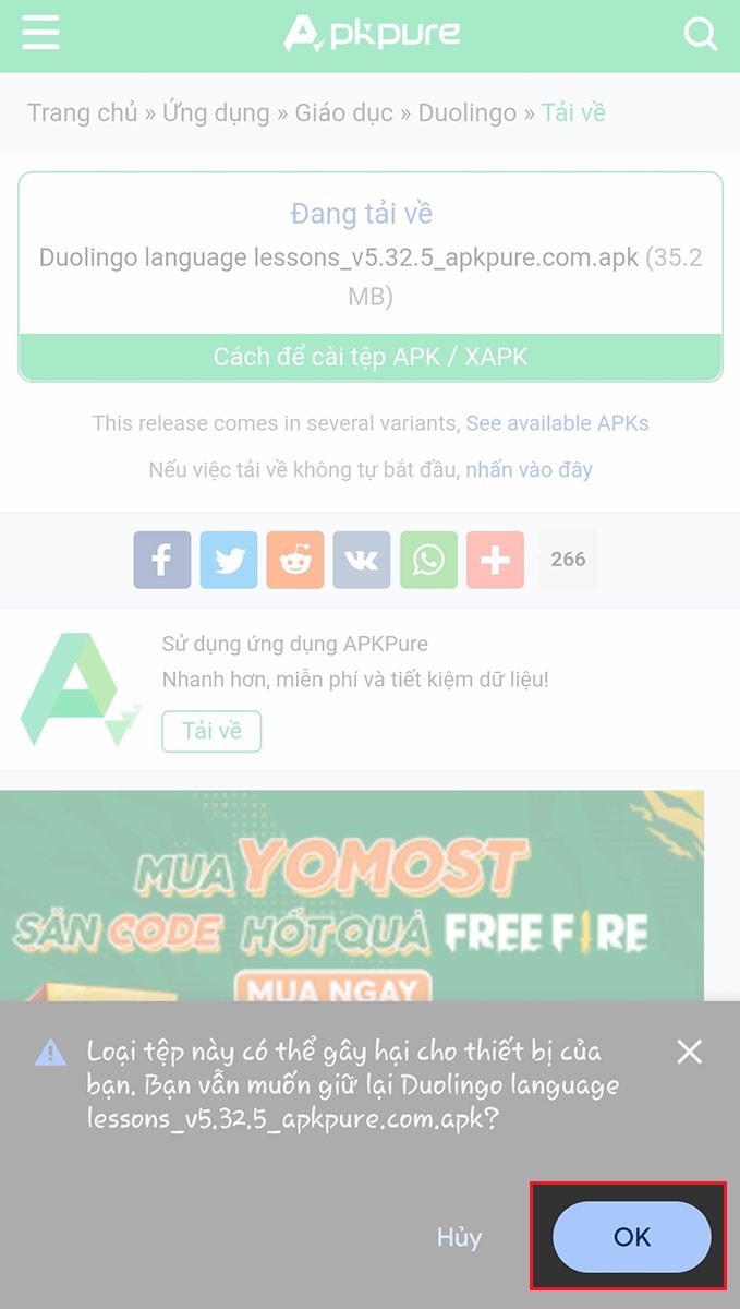 chọn OK để tải về file c&agrave;i đặt Duolingo APK