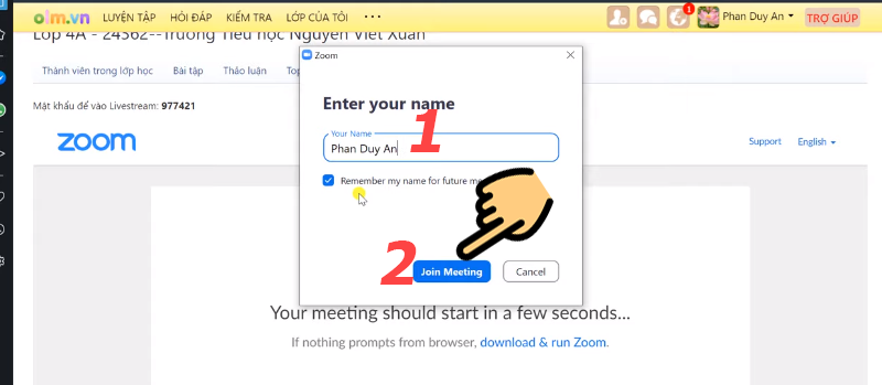Nhập tên học sinh và nhấn Join Meeting