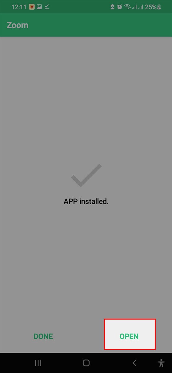 Sau khi c&agrave;i đặt xong > Nhấn Open để mở app Zoom cho điện thoại kh&ocirc;ng được hỗ trợ