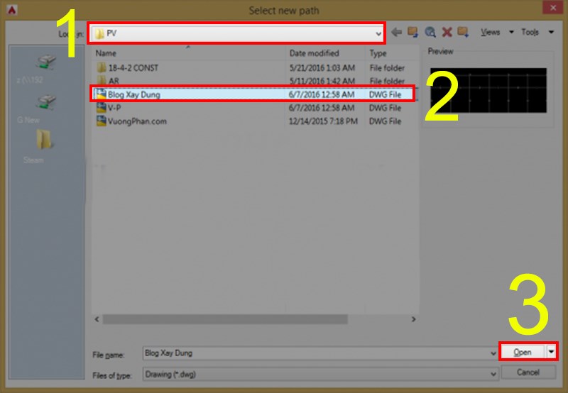 T&igrave;m tới folder c&oacute; chứa file xref v&agrave; chọn n&oacute; sau đ&oacute; ấn Open