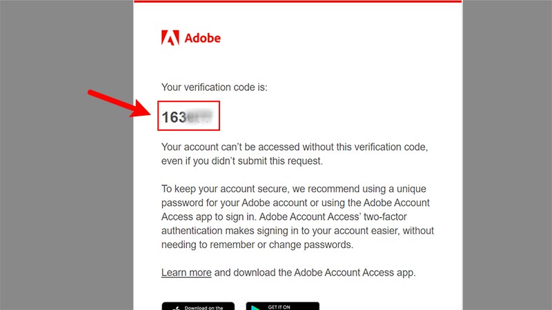 Truy cập vào Gmail > Nhấn vào email mà Adobe đã gửi > Copy đoạn mã số như hình