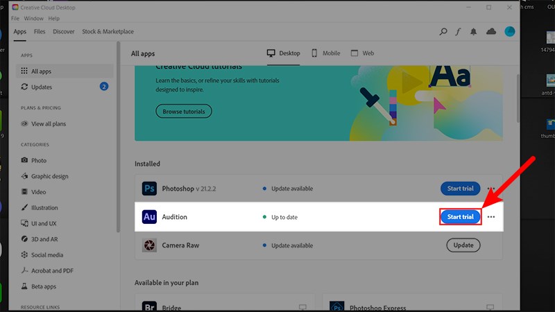 Kéo lên trên và tìm dòng Adobe Audition > Chọn Start Trial để dùng thử phần mềm Adobe Audition