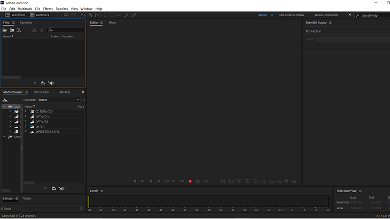 Giao diện của Adobe Audition sau khi tải về thành công