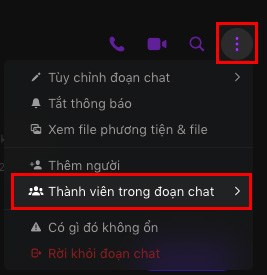 Nhấn v&agrave;o biểu tượng 3 dấu chấm > Chọn Th&agrave;nh vi&ecirc;n trong đoạn chat