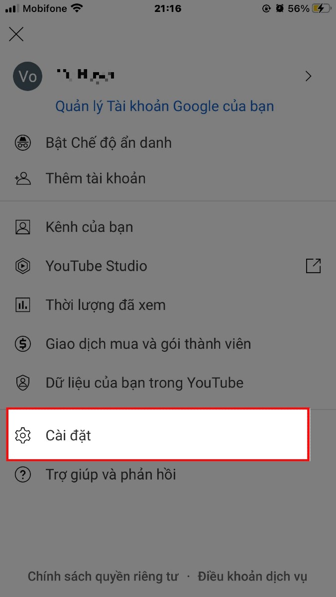 Nhấn vào phần Cài đặt