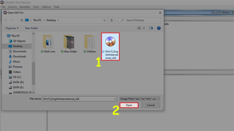 Tìm kiếm và nhấn vào file ISO vừa tải > Chọn Open để giải nén file trong UltraISO