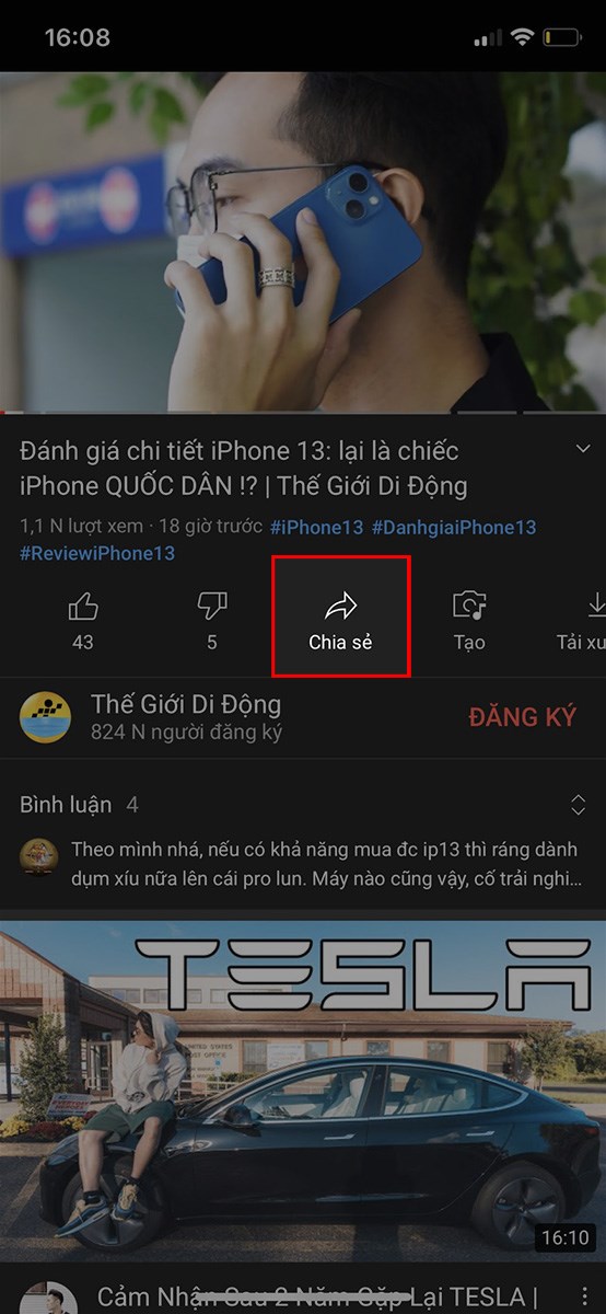 họn video mà bạn muốn chia sẻ link video YouTube qua Messenger  Chọn Chia sẻ