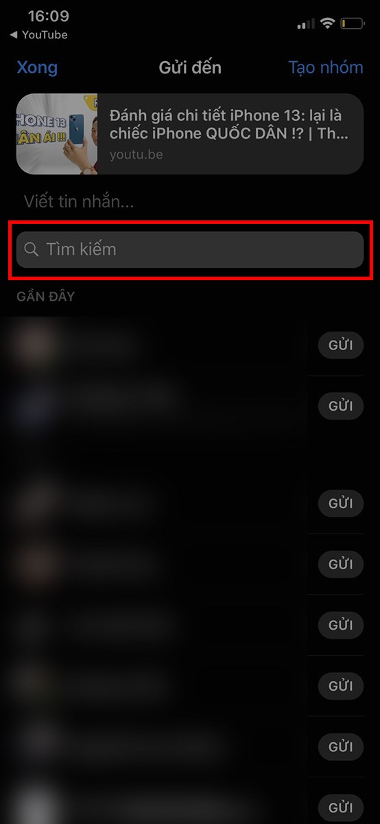 Nhập tên bạn bè mà bạn muốn gửi link YouTube qua Messenger vào khung Tìm kiếm