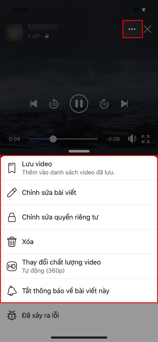 Nhấn vào video > Chọn biểu tượng 3 dấu chấm > Chọn mục tương ứng Nhấn vào video > Chọn biểu tượng 3 dấu chấm > Chọn mục tương ứng