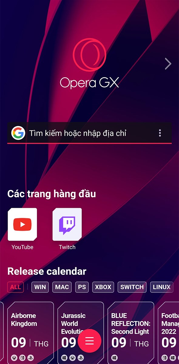 Giao diện Opera GX tr&ecirc;n Android