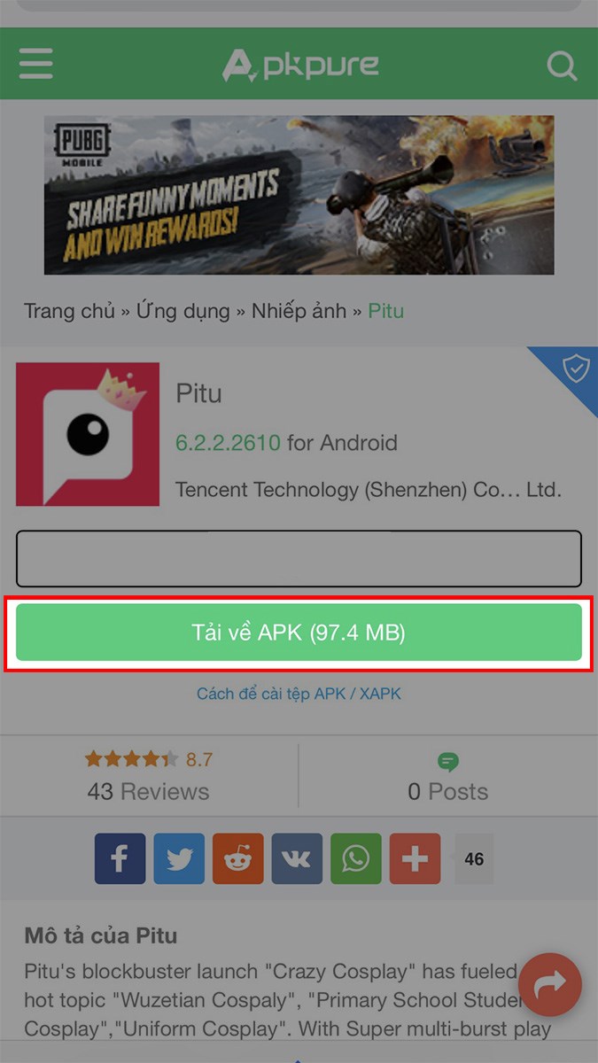 Truy cập link tải Pitu APK tại đây, chọn Tải về APK