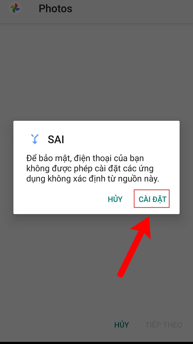 Nhấn v&agrave;o C&agrave;i đặt để cho ph&eacute;p c&agrave;i đặt c&aacute;c ứng dụng kh&ocirc;ng r&otilde; nguồn gốc