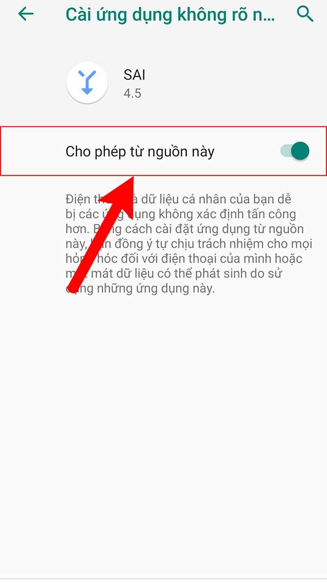Bật phần Cho ph&eacute;p từ nguồn n&agrave;y của ứng dụng