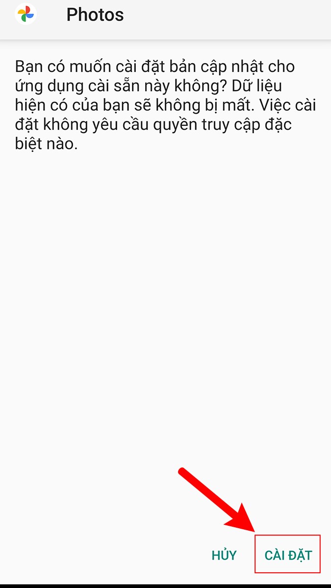 Quay trở lại giao diện C&agrave;i đặt Google Photos > Bạn nhấn C&agrave;i đặt v&agrave; đợi 1 x&iacute;u để Google Photos được c&agrave;i đặt về m&aacute;y