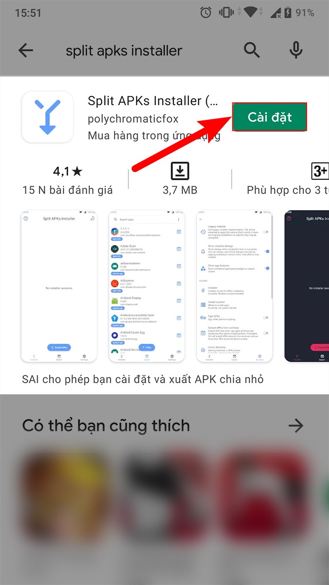 Nhấn v&agrave;o C&agrave;i đặt để tải ứng dụng Split APKs Installer về m&aacute;y