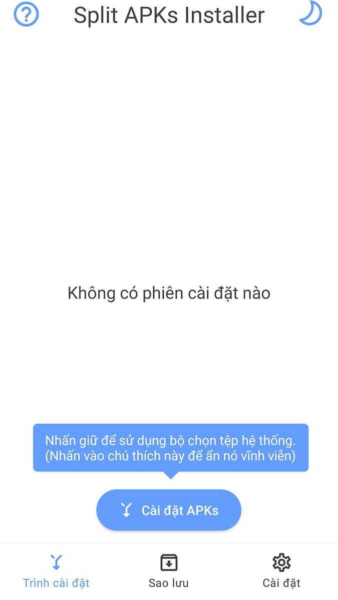 Giao diện của ứng dụng Split APKs Installer sau khi c&agrave;i đặt xong