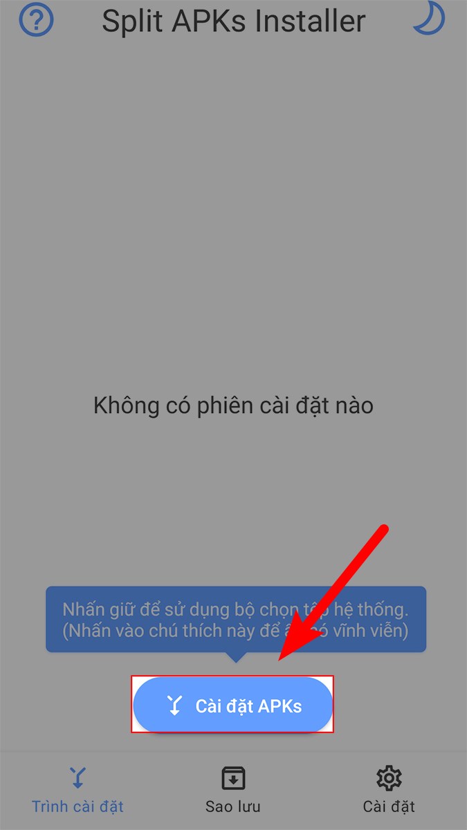 Mở ứng dụng Split APKs Installer đ&atilde; c&agrave;i đặt > Nhấn v&agrave;o C&agrave;i đặt APKs