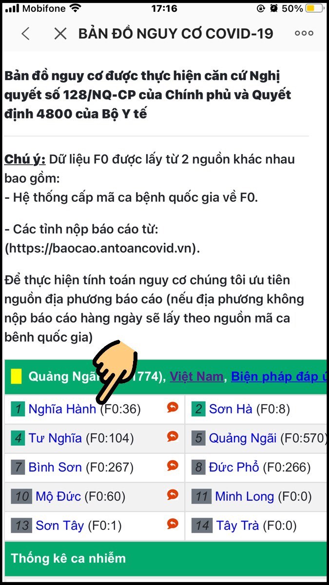 Xem số ca nhiễm Covid của từng huyện và chọn huyện muốn xem chi tiết