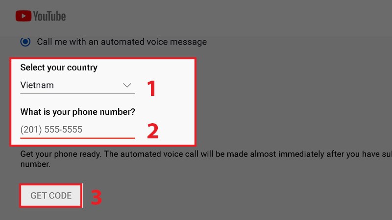 Chọn Đất nước/Country, nhập số điện thoại và nhấn Lấy mã/Get code