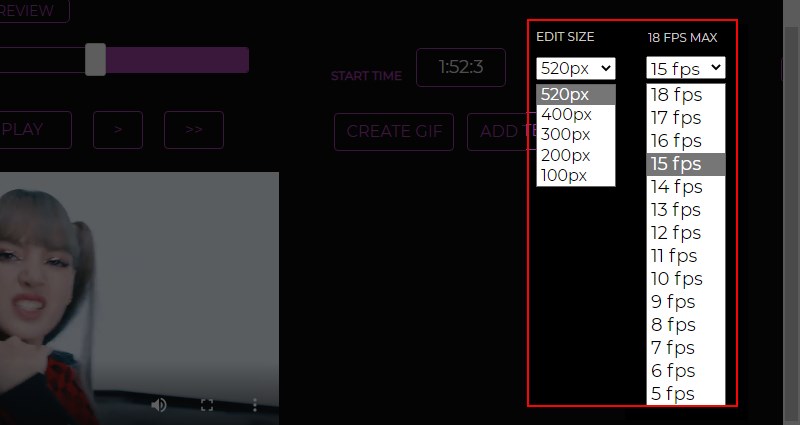 Nhấn vào mục Edit size, 18 FPS MAX Nhấn vào dấu mũi tên xuống tại mục Edit size, 18 FPS MAX