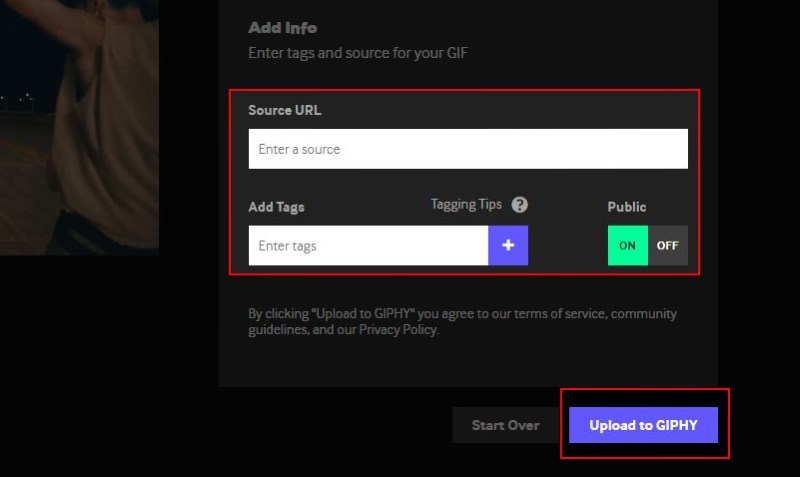 Thêm Source URL, Add Tags và nhấn vào nút Upload to GIPHY Thêm Source URL, Add Tags và nhấn vào nút Upload to GIPHY