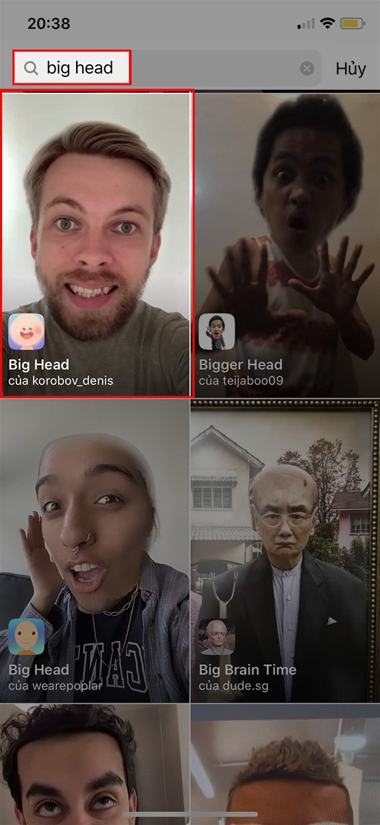 Nhập từ kh&oacute;a big head v&agrave; chọn filter đầu to tr&ecirc;n Instagram m&agrave; bạn muốn sử dụng