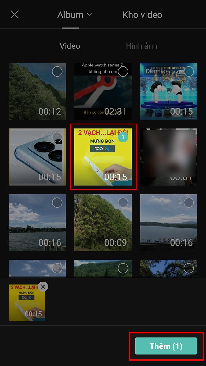 Chọn video thứ 2 mà bạn muốn ghép trên Capcut > Chọn Thêm Chọn video thứ 2 mà bạn muốn ghép trên Capcut > Chọn Thêm