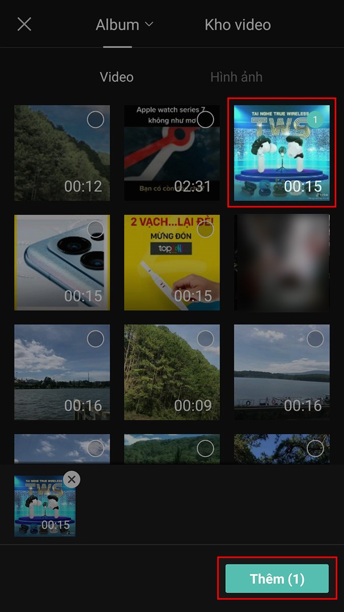 Chọn video mà bạn muốn ghép trên Capcut > Chọn Thêm Chọn video mà bạn muốn ghép trên Capcut > Chọn Thêm