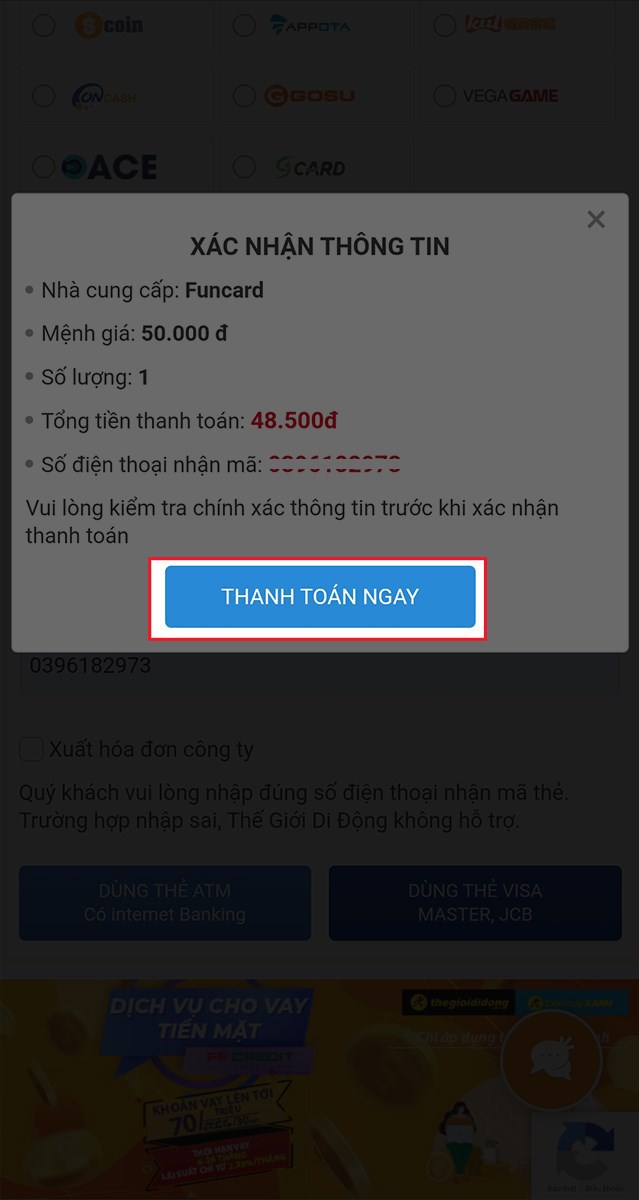X&Aacute;C NHẬN TH&Ocirc;NG TIN THẺ