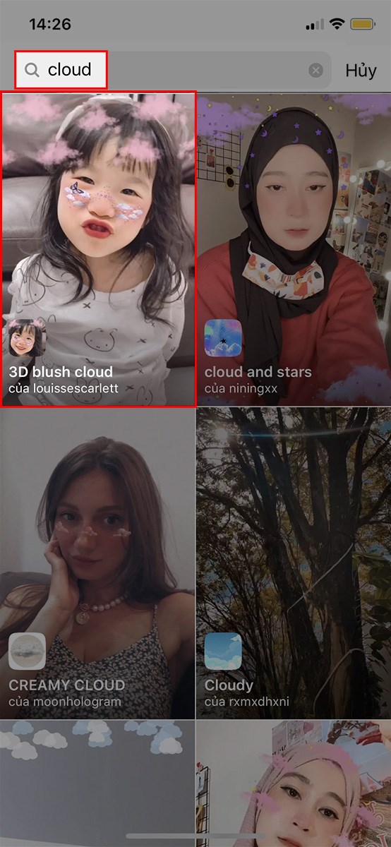 Nhập từ khóa cloud và chọn filter Instagram đám mây mà bạn muốn sử dụng