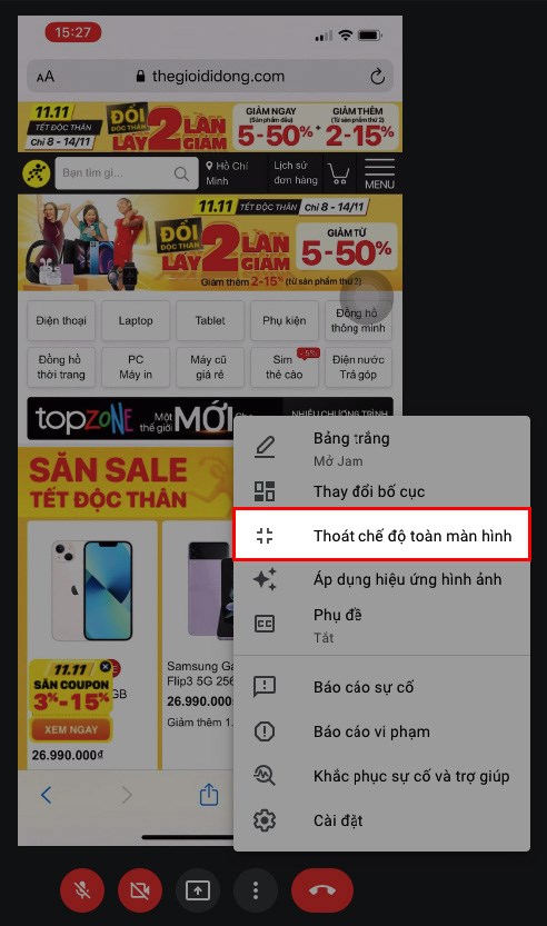 Chọn Tho&aacute;t chế độ to&agrave;n m&agrave;n h&igrave;nh