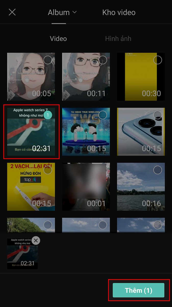 Chọn video mà bạn muốn cắt trên Capcut > Chọn Thêm