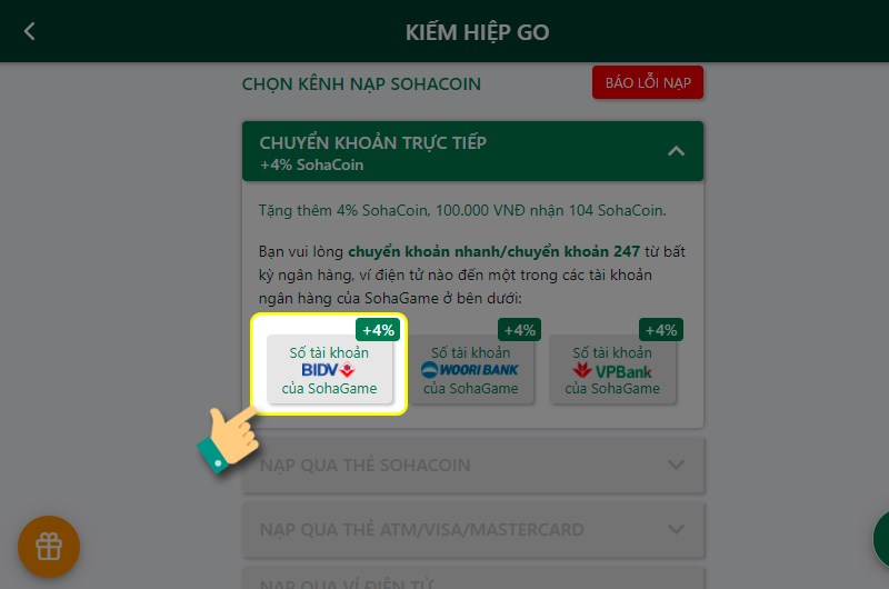 Chọn ng&acirc;n h&agrave;ng chuyển khoản